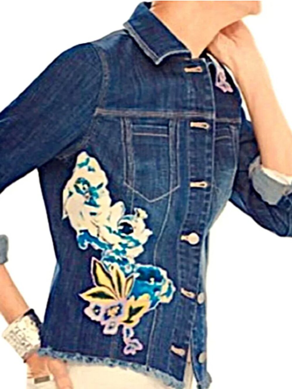 Chico’s Denim Floral Appliqué Jean Jacket size 0